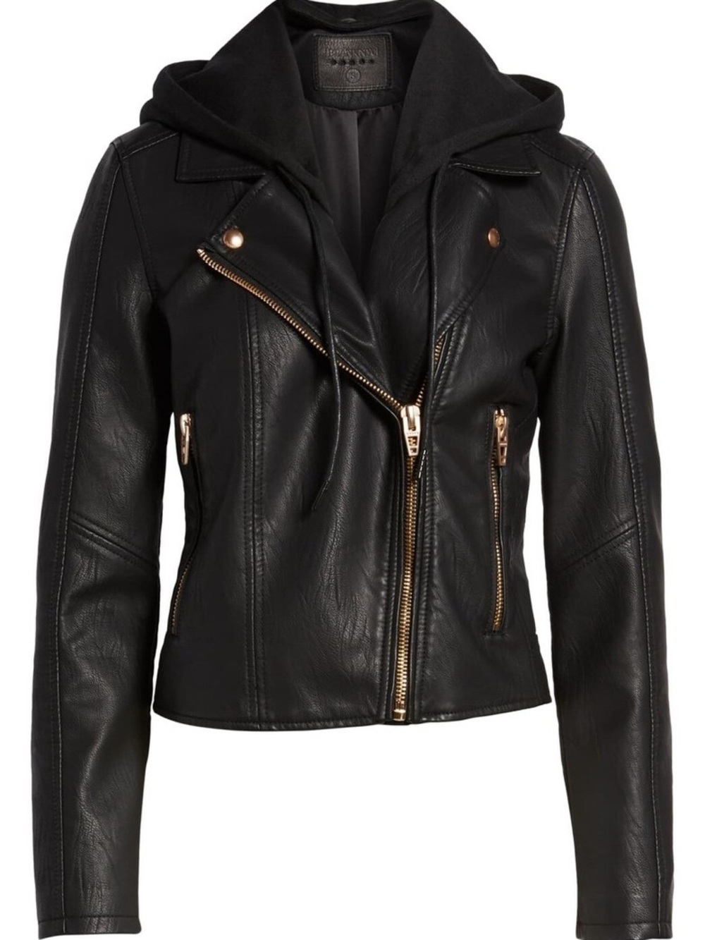 Blank NYC Black Faux Leather Hooded Moto Jacket with Gold Hardware